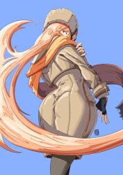 1girls ass ass_focus automatic_giraffe blonde_female blonde_hair blonde_hair_female blue_eyes bubble_ass bubble_butt butt_crack fat_ass female gloves guilty_gear guilty_gear_strive hand_on_arm hand_on_hip large_ass long_hair millia_rage scarf simple_background solo solo_female thick_thighs