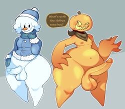 2boys 2femboys absurd_res anthro big_ass big_butt bottom_heavy chubby_male clothed dialogue dozighost femboy femboys flora_fauna gay huge_ass huge_cock huge_thighs jack-o'-lantern looking_at_another male male_only nub_feet pumpkin self_upload snowman