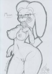 2022 anthro blush bodily_fluids breasts candy dessert eating female floppy_ears food genital_fluids genitals graphite_(artwork) holding_candy holding_food holding_lollipop holding_object lollipop looking_at_viewer lunaris_parukia minun narrowed_eyes navel nintendo nipples nude pokémon_(species) pokemon pokemon_(species) pokemon_only pokemorph pussy pussy_juice solo traditional_media_(artwork) video_games