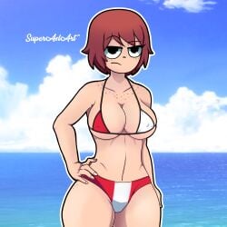 1girls bikini black_eyes female freckles freckles_on_chest freckles_on_face freckles_on_thighs kim_pine nipple_bulge panties red_hair scott_pilgrim sea short_hair solo solo_female superaxlart