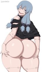 1boy ass back_view big_ass blue_hair bottom_heavy bottomless femboy femboy_only gay grabbing_ass huge_ass jujutsu_kaisen long_hair looking_at_viewer looking_back luckyshazo mahito_(jujutsu_kaisen) male male_focus male_only scars smile solo standing thick_thighs