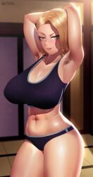 1girls abs armpits arms_up breasts brown_eyes brown_hair cameltoe cleavage female hairy hairy_armpits huge_breasts looking_at_viewer mature_female navel ohdax panties sazanami_kuina solo sports_bra thick_thighs tougen_anki underwear underwear_only variant_set