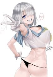 ass ass_cleavage black_panties blue_eyes breasts butt_crack cleavage covered_nipples crop_top cum cum_on_clothes cum_on_hands empty_eyes female flat_ass gloves grin hair_ornament hair_over_one_eye hairclip hamakaze_(kantai_collection) highres j.k. kantai_collection large_breasts looking_at_viewer looking_back no_bra panties panty_pull sailor_collar see-through short_hair silver_hair smile solo teeth underwear v wedgie white_background white_gloves