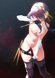 1girls assassin black_hair breasts dagger female female_only gloves hair_ribbon knife leg_belt looking_at_viewer nipples nude pussy spy_x_family stiletto_(weapon) stockings sydus thigh_gap thorn_princess uncensored yor_briar