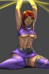 1girls armpit armpits bare_midriff bondage captured dc dc_comics defeated defeated_heroine exposed_thighs female female_only green_eyes orange_skin ptsalad purple_clothes starfire superheroine teen_titans thighhighs torn_clothes underboob