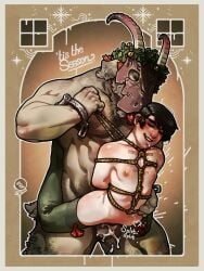 anthro bondage carrying_partner chandelle_deschoses christmas christmas_outfit closed_eyes cum female flat_chest horns human krampus male mask pale_skin qsy rope sex size_difference tied_up vaginal