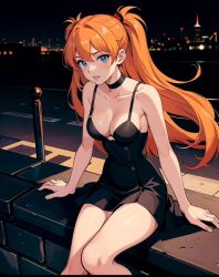 1girls ai_generated asuka_langley_sohryu bare_legs bare_shoulders bare_thighs big_breasts blue_eyes dress legs long_hair neon_genesis_evangelion neopn_genesis_evangelion red_hair skirt small_waist teenager