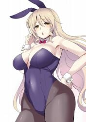 :o amisu animal_ears black_pantyhose blonde_hair blush bow bowtie breasts female highleg highleg_leotard large_breasts leotard long_hair looking_at_viewer pantyhose playboy_bunny rabbit_ears red_bow red_bowtie simple_background solo touhou very_long_hair watatsuki_no_toyohime white_background wrist_cuffs yellow_eyes