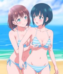 2girls ai-chan_(tawawa) ai_generated bare_legs bare_shoulders beach blue_eyes blue_hair blush botan_nagatsuki brown_hair cleavage collarbone fondling fondling_breast grope_from_behind groping groping_breasts hands_on_breasts large_breasts looking_at_another looking_over_shoulder medium_breasts short_hair smiling standing string_bikini striped_bikini