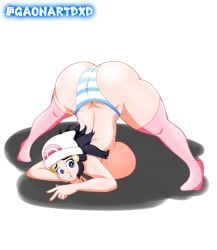 1girls ass ass_cleavage breasts breasts_on_floor butt_crack dawn_(pokemon) female female_only full_body gaonart jack-o_pose long_hair panties pink_thighhighs pokemon pout pouting shimapan socks solo solo_female thighhighs top-down_bottom-up topless