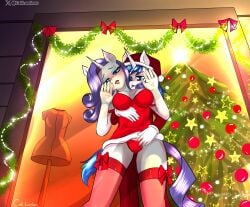 anthro blue_eyes blue_eyeshadow blue_hair caliluminos christmas clothing dress equid equine eyeshadow female friendship_is_magic hasbro holidays horn makeup male mammal my_little_pony panties purple_hair rarity_(mlp) red_dress ribbon shining_armor_(mlp) stockings tail underwear unicorn white_body