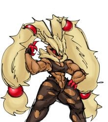 2023 abs anthro big_breasts black_eyes breasts brown_body brown_fur female female_only furry game_freak hair_beads hair_ornament hand_on_hip lagomorph long_ears looking_at_viewer lopunny muscles muscular_arms muscular_female muscular_thighs nintendo pokemon pokemon_(species) pokemon_fusion pokemon_infinite_fusion red_pupils sharp_claws solls0ll solo solo_female sports_bra thick_thighs torn_clothing torn_legwear torn_stockings white_background zoroark