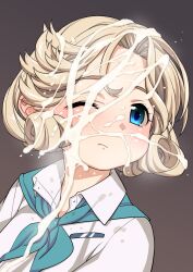 blonde_hair blue_eyes blush closed_mouth clothing collared_shirt cum cum_on_face cum_on_hair facial female female_only hair_rings harukaze_unipo highres janus_(kantai_collection) kantai_collection looking_to_the_side one_eye_closed portrait shirt short_hair solo solo_female solo_focus white_shirt