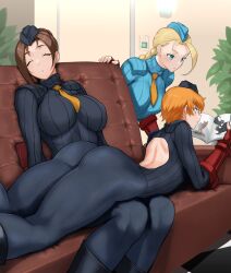 3girls alternate_costume anagumasan athletic_female back blonde_hair blue_eyes bodysuit brown_hair cammy_white dat_ass fit_female garrison_cap huge_ass huge_breasts juli_(street_fighter) juni_(street_fighter) large_ass large_breasts light-skinned_female mature_female orange_hair plump_ass shadaloo_dolls sleeping slim_waist street_fighter street_fighter_alpha thick_ass thick_thighs thighs wide_hips