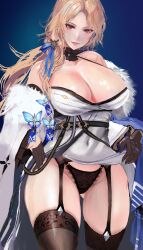 1girls absurd_res ass_visible_through_thighs bare_shoulders black_gloves black_panties blonde_hair blue_background butterfly cleavage collarbone covered_navel cowboy_shot dress dress_lift fur_trim garter_straps gloves goddess_of_victory:_nikke hair_ornament hair_over_shoulder kyel_hyde lace-trimmed_panties large_breasts lifted_by_self looking_at_viewer ludmilla_(nikke) ludmilla_(winter_owner)_(nikke) off_shoulder orange_eyes panties parted_lips simple_background solo solo_female straps string_panties thighhighs thighs underwear white_dress