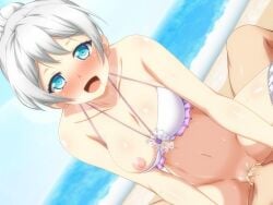 1boy bang_dream! beach bikini bikini_top_only blue_eyes blush breasts cowgirl_position cowgirl_position cum cum_in_pussy female looking_at_viewer navel nipples ocean one_breast_out open_mouth pov saliva sand sex shiny_skin smile solo_focus straddling swimsuit vaginal_penetration wakamiya_eve white_bikini white_hair yamiochi_umekichi