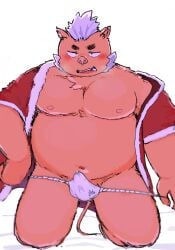 2023 anthro asian_clothing belly blush bodily_fluids bulge clothed clothing east_asian_clothing erection erection_under_clothing fundoshi genital_fluids genital_outline gouryou hi_res japanese_clothing kemono lifewonders male mammal moobs nipples overweight overweight_male penis_outline precum solo suid suina sus_(pig) tatsuki_himajin tokyo_afterschool_summoners underwear white_clothing white_fundoshi white_underwear wild_boar