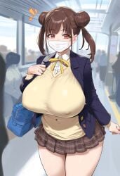 ai_generated bag brown_hair double_bun facemask hair_bun idolmaster idolmaster_shiny_colors large_breasts miniskirt nipple_bulge school_uniform sonoda_chiyoko surprised tharkica train_station twintails