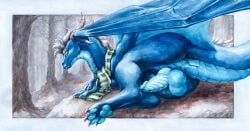 2022 4_toes absurd_res anus balls belly belly_scales black_pupils blue_anus blue_arms blue_balls blue_belly blue_body blue_dragon_(animal) blue_face blue_feet blue_glans blue_knot blue_legs blue_mouth blue_nose blue_pawpads blue_penis blue_scales blue_skin blue_tail blue_toes blue_wings border claws clothed clothed_feral clothing curved_horn dragon elkir english_text erection feet feral feral_dragon forest fur fur_tuft genitals glans green_eyes green_scarf head_tuft hi_res horn huge_filesize ishiru knot looking_back lying male male_dragon mane membrane_(anatomy) membranous_wings monotone_anus monotone_arms monotone_balls monotone_belly monotone_body monotone_claws monotone_face monotone_feet monotone_fur monotone_genitals monotone_glans monotone_horn monotone_knot monotone_legs monotone_mane monotone_mouth monotone_nose monotone_pawpads monotone_penis monotone_scales monotone_skin monotone_tail monotone_toes monotone_tuft monotone_wings mostly_nude multicolored_scarf nubbed_penis on_side open_mouth outside outside_border painting_(artwork) pattern_clothing pattern_scarf pawpads penis plant pupils quadruped rear_view ridged_horn ridged_penis scales scalie scarf scarf_only sharp_claws sharp_horn snow solo solo_male spread_wings striped_clothing striped_scarf stripes text toe_claws toes traditional_media_(artwork) tree tuft tundra_(sir_chandestroy) two_tone_scarf watercolor_(artwork) western_dragon white_body white_border white_claws white_fur white_horn white_mane white_scarf white_tuft wing_claws wings