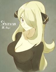 big_breasts blonde_hair cleavage cynthia_(pokemon) hair_ornament hair_over_one_eye long_hair looking_at_viewer pokemon pokemon_dppt shigino_sohuzi