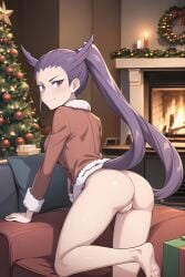 ai_generated christmas christmas_outfit christmas_tree gym_leader pokemon pokemon_oras pokemon_rse purple_eyes purple_hair pussy solo winona_(pokemon)