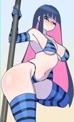 ass fiinel green_eyes long_gloves long_hair multicolored_hair panty_&_stocking_with_garterbelt pole_between_ass pole_dancing simple_background small_breasts stocking_anarchy stomach striped_legwear thick_thighs thighhighs