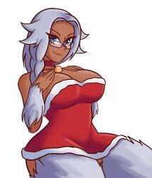 animal_hands animal_legs christmas christmas_outfit dark-skinned_female dark_skin glasses large_breasts loguhn monster_girl_encyclopedia original original_character pinup pinup_pose sasaartroom the_city_of_reygarth white_fur white_hair yeti yeti_(monster_girl_encyclopedia)