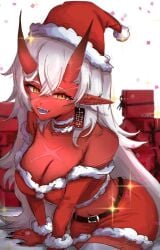 akumi breasts female horns oni oni_horns red_skin scars virtual_youtuber vyugen white_hair yellow_eyes