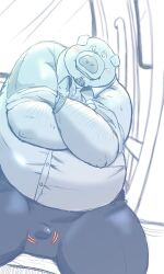 2023 anthro belly big_belly blush bulge closed_eyes clothing dain_4201 domestic_pig hi_res kemono male mammal overweight overweight_male shirt sitting solo suid suina sus_(pig) topwear