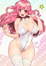 blush bowtie dated huge_breasts leotard rasis signature smile sound_voltex thick_thighs thighhighs white_leotard white_thighhighs wide_hips zipper zipper_pull_tab