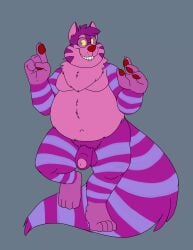 2023 alice_in_wonderland anthro balls belly bravo cheshire_cat domestic_cat eyewear fairy_tales felid feline felis genitals glasses hi_res humanoid_hands literature male mammal moobs navel overweight overweight_male penis pink_body public_domain purple_body red_nose simple_background solo