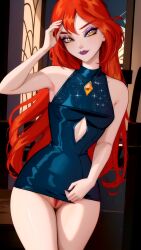 1girls ai_generated bare_shoulders bloom_(winx_club) civitai dark_bloom hourglass_figure lipstick long_hair looking_at_viewer makeup orange_hair purple_lipstick pussy_peek redhead solo solo_female solo_focus stable_diffusion wide_hips winx_club yellow_eyes