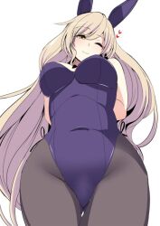 ;) alternate_costume amisu animal_ears arms_behind_back bare_arms bare_shoulders black_pantyhose blonde_hair blush breasts closed_mouth covered_navel cowboy_shot crotch female from_below heart highleg highleg_leotard large_breasts leotard long_hair looking_at_viewer looking_down one-hour_drawing_challenge one_eye_closed pantyhose playboy_bunny rabbit_ears smile solo thigh_gap touhou very_long_hair watatsuki_no_toyohime white_background yellow_eyes