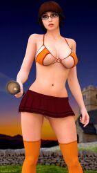 1girls 2021 3d bra brown_hair drx fanart female female_only glasses hanna-barbera kneehigh_socks kneehighs miniskirt orange_bra orange_socks scooby-doo skirt slushe_(website) socks solo solo_female standing velma_dinkley