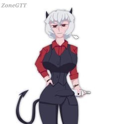 angry big_breasts big_penis demon demon_girl demon_horns demon_tail drinking fanart futa_only futanari helltaker huge_breasts malina_(helltaker) penis_under_clothes penis_under_skirt thick_thighs thighs white_hair zonegtt_(artist)