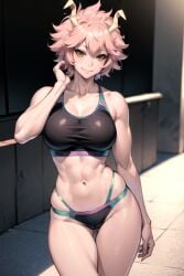 ai_generated aiposter horn looking_at_viewer midriff mina_ashido muscular my_hero_academia pink_hair smile sneakers sports_bra sports_panties sportswear standing yellow_eyes