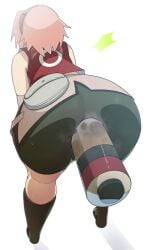 absurdres anal anal_object_expulsion anal_object_insertion anal_storage anal_through_clothes ass ass_focus bent_over black_footwear black_shorts bottle_filling cavity_storage female forced_in_fabric forehead_protector highres naruto naruto_(series) naruto_shippuuden object_insertion penetration_through_clothes pink_hair pouch red_shirt sakura_haruno scroll shirt short_hair shorts simple_background sleeveless sleeveless_shirt solo spaghett8 spaghetto087 white_background