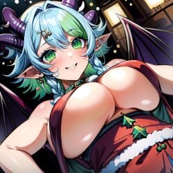 1girls ai_generated arbitrary blue_hair christmas christmas_outfit froot green_eyes green_hair grinning hi_res horns huge_breasts large_breasts pointy_ears short_hair stable_diffusion twin_braids two_tone_hair underboob virtual_youtuber vshojo wings