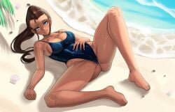 beach brown_hair ilia_amitola long_hair nico-mo rwby shiny_hair shiny_skin solo solo_female swimsuit tagme