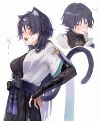 1boy 1girls auauun blue_eyes blue_hair breasts cat_ears cat_tail clothing female gender_transformation genderswap_(mtf) genshin_impact male nyandere rule_63 scaramouche_(genshin_impact)