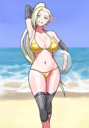 1girls arm_behind_head armpits ball beach beachball bikini blonde_hair blue_eyes breasts clothing cowboy_shot female female_only fishnet_armwear fishnet_legwear fishnets gold_bikini gold_swimsuit golden_bikini grin high_ponytail high_resolution holding_beachball ino_yamanaka kunoichi large_breasts long_hair looking_at_viewer naruto naruto_(series) naruto_shippuden neemudo ocean one_arm_up outdoors platinum_blonde_hair ponytail presenting_armpit public sand shore showing_armpits smile smooth_armpits solo solo_female swimsuit tied_hair very_high_resolution very_long_hair water yellow_bikini yellow_swimsuit