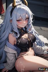 ai_generated bare_shoulders blue_hair boob_window cum_on_ass cum_on_topwear long_hair looking_at_viewer medium_breasts navel pornx.ai purple_eyes smile