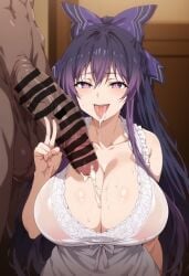 1girls ai_generated big_breasts breasts cum dark-skinned_male date_a_live female female_focus huge_breasts huge_cock interracial large_breasts naked naked_female nude nude_female purple_eyes purple_hair yatogami_tohka