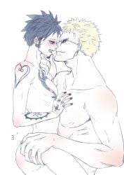 2boys arm_tattoo ass ass_grab bishonen black_hair blonde_hair blush chest_tattoo completely_nude donquixote_doflamingo earrings gay grabbing_another's_chin hand_tattoo height_difference jewelry kizna looking_at_another male male_focus male_only multiple_boys muscular muscular_male nail_polish nipples nude one_piece pectorals petite short_hair size_difference skinny sunglasses tattoo trafalgar_law yaoi