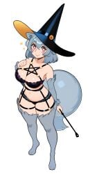 bra bushy_tail character_request copyright_request female garter_belt garter_straps halphelt heart-shaped_pupils lingerie panties pentagram pentagram_bra silver_hair thighhighs underwear witch witch_hat