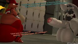 16:9 3d_(artwork) anthro ass balls big_balls big_butt big_penis bulge charles_charmeleon_(oc) charlescharmele clothing dialogue digital_media_(artwork) duo english_text genitals hi_res huge_balls huge_butt huge_cock male ok_bruh penis public public_nudity short_stack size_difference small_dom_big_sub source_filmmaker text thick_thighs vicente_(okbruh) widescreen