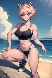 ai_generated aiposter horn looking_at_viewer midriff mina_ashido muscular my_hero_academia pink_hair smile sneakers sports_bra sports_panties sportswear standing yellow_eyes