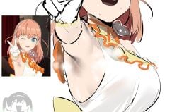 2girls armpit_stubble armpits breasts chibi fully_clothed gradient_hair hinoshita_kaho link!_like!_love_live! love_live! love_live!_nijigasaki_high_school_idol_club okpriko open_mouth peace_sign redraw screencap smile steaming_body sweat sweating takasaki_yuu