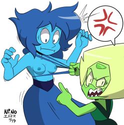 2girls angry arms_up assisted_exposure blue_eyes blue_hair blue_skin breasts cartoon_network clothing_pull exposed_breasts female female_only gem_(species) green_skin height_difference lapis_lazuli_(steven_universe) lucky23 multiple_females multiple_girls nipples peridot_(steven_universe) pointing pulling_clothing steven_universe surprised_expression tagme white_background