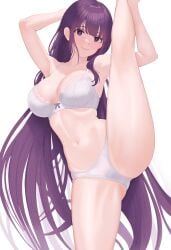 1girls big_breasts bottomwear bra breasts cleavage female female_only fern_(sousou_no_frieren) hair huge_breasts lace lace-trimmed_bra lace-trimmed_panties lace_trim leg_grab leg_lift leg_up long_hair ni_tamago_sando one_leg_raised one_leg_up panties purple_eyes purple_hair smile solo solo_female sousou_no_frieren thighs topwear white_bra white_panties